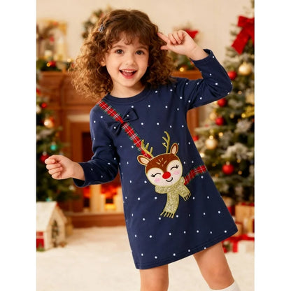 HILEELANG Toddler Girls Christmas Long Sleeve Dress Cotton Casual Navy Elk Embroidery Jersey Shirt Fall Winter Holiday Playwear Dresses 2