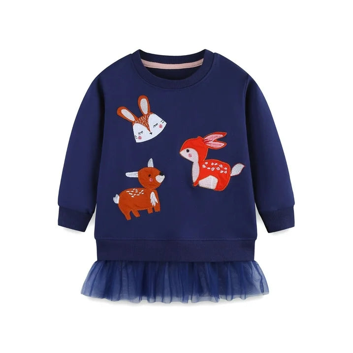 HILEELANG Toddler Girls(2-7Y) Navy Tulle Sweatshirt Long Sleeve Pullover Top for Fall Winter, Cotton Crewneck Shirt for Kids