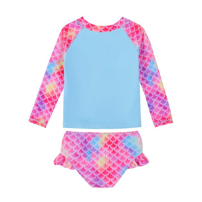 HILEELANG 3-9T Toddler/Little Girls Light Blue Mermaid Graphic Rainbow Scales Rashguard Swimsuit