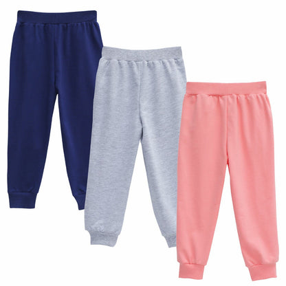 HILEELANG Baby Girls' Jogger Pants 3-Pack Pull on Cotton French Terry Solid Grey Navy pink Ruffle Pocket SweatPants12M