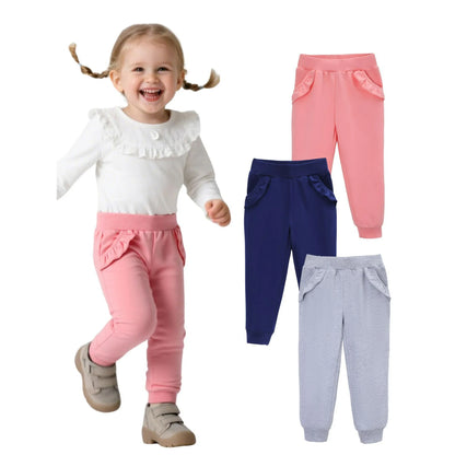 HILEELANG Baby Girls' Jogger Pants 3-Pack Pull on Cotton French Terry Solid Grey Navy pink Ruffle Pocket SweatPants12M