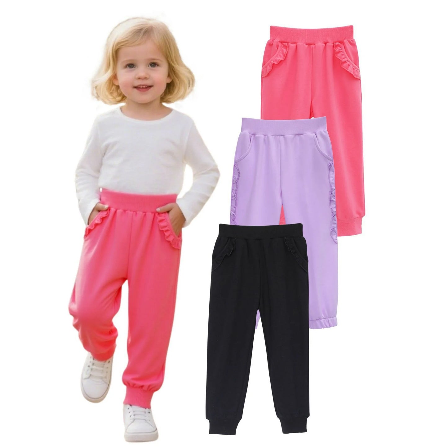 HILEELANG Baby Girls' Jogger Pants 3-Pack Pull on Cotton French Terry Solid Grey Navy pink Ruffle Pocket SweatPants12M