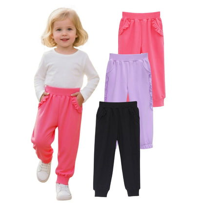 HILEELANG Baby Girls' Jogger Pants 3-Pack Pull on Cotton French Terry Solid Grey Navy pink Ruffle Pocket SweatPants12M