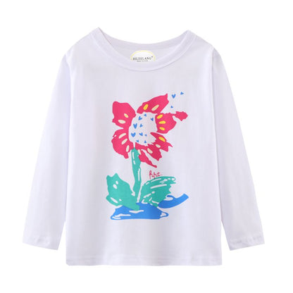 Toddler Girl Long Sleeve Shirts Cotton Casual Crewneck Graphic White Blue Pink Tunic T-Shirts 3 Packs