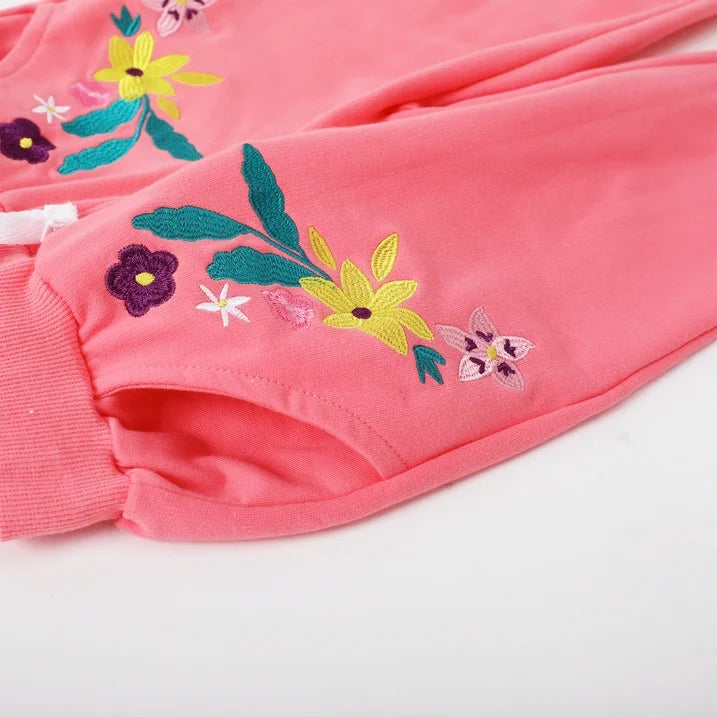 ILEELANG Toddler Girls（Age:12M-7Y) Cotton Joggers Sweatpants Floral Embroidery Drawstring Waist and Pockets-Pink Blue Casual Athletic Pants for Kids