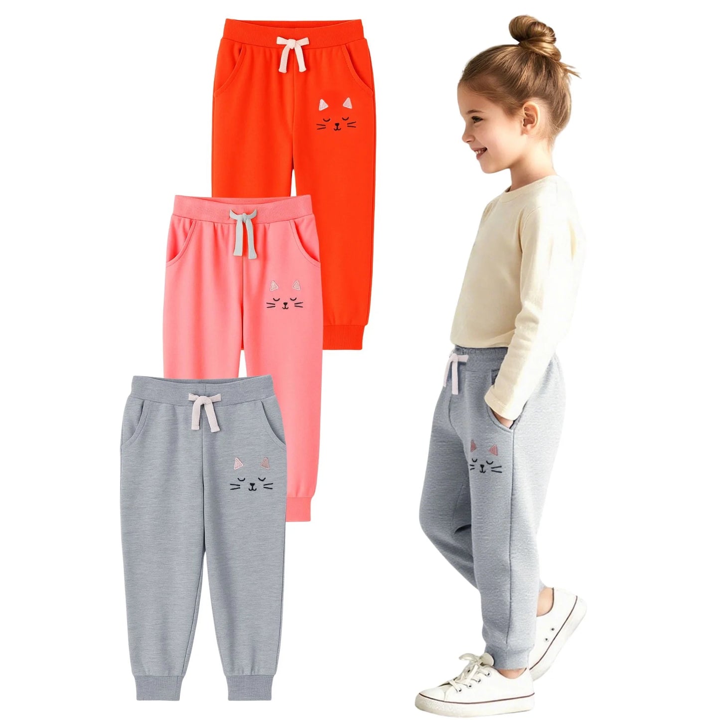 HILEELANG Toddler Girls' Jogger Pants 3-Pack Pull on Cotton French Terry Solid Adjust Black Red Purple Ruffle Pocket SweatPants 2Y