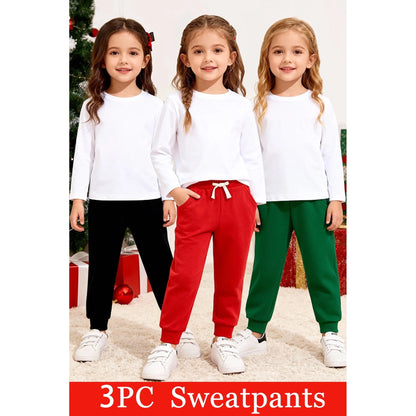 HILEELANG Toddler Girls' Jogger Pants 3-Pack Pull on Cotton French Terry Solid Adjust Black Red Purple Ruffle Pocket SweatPants 2Y