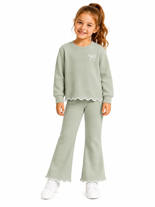 HILEELANG Girls 2 Piece Outfit Set, Bow Detail Long Sleeve Top & Flare Pants, Scallop Trim, Sage Green