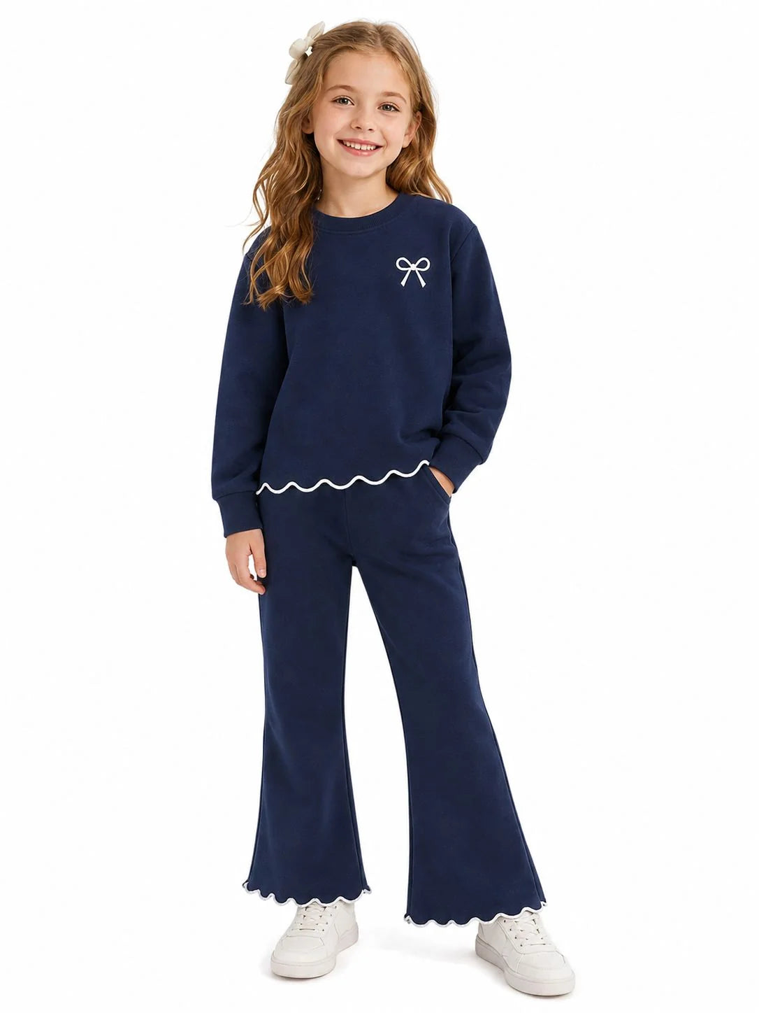 HILEELANG Girls 2 Piece Outfit Set, Bow Detail Long Sleeve Top & Flare Pants, Scallop Trim, Navy Blue