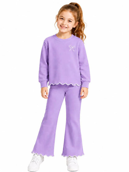 HILEELANG Girls 2 Piece Outfit Set, Bow Detail Long Sleeve Top & Flare Pants, Scallop Trim, Lavender