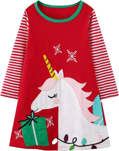 HILEELANG Toddler Girl Christmas Dress Long Sleeve Fall Winter Cotton Casual BasicTunic Shirt Dresses