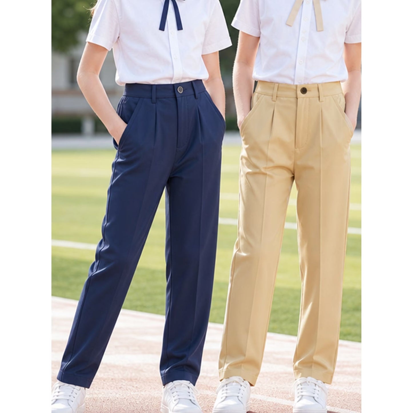 HILEELANG 2PC Little Boys Girls School Uniform Pants Khaki Navy Blue Kids Wrinkle-Free Dress Slacks Elastic Back Waist Classic Fit Pull-On Trousers for Students
