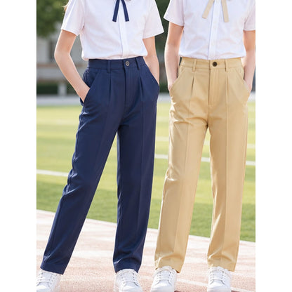 HILEELANG 2PC Little Boys Girls School Uniform Pants Khaki Navy Blue Kids Wrinkle-Free Dress Slacks Elastic Back Waist Classic Fit Pull-On Trousers for Students