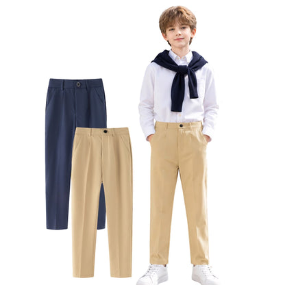 HILEELANG 2PC Little Boys Girls School Uniform Pants Khaki Navy Blue Kids Wrinkle-Free Dress Slacks Elastic Back Waist Classic Fit Pull-On Trousers for Students