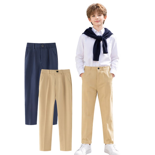 HILEELANG 2PC Little Boys Girls School Uniform Pants Khaki Navy Blue Kids Wrinkle-Free Dress Slacks Elastic Back Waist Classic Fit Pull-On Trousers for Students