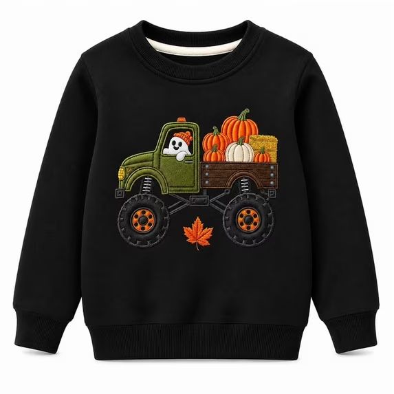 HILEELANG Toddler Boys Halloween Pumpkin Truck Graphic Sweatshirt, Long Sleeve Crewneck Pullover Top, Sizes 2-7 Years