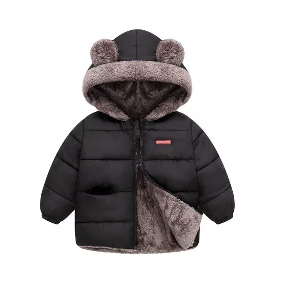 HILEELANG Toddler Boys and Girls Winter Puffer Jacket, Plush Fleece Lined Bear Ear Hooded Coat, Warm Full-Zip Outerwear, Black,Sizes 2-7 Years